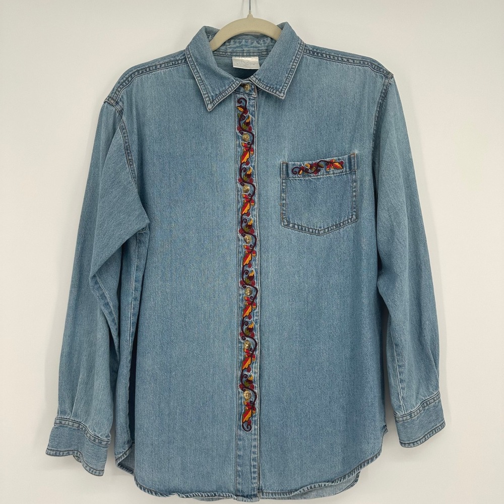 Vintage 90s Style Studio Embroidered Autumn Leaves Denim Shirt Womens Small